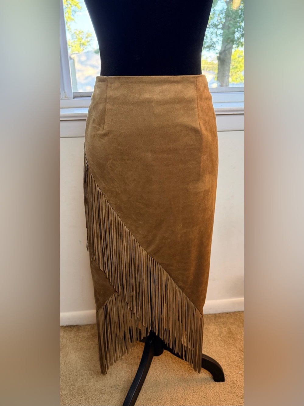 Olivaceous brown faux sued fringe skirt western chic cowgirl festival sm EC